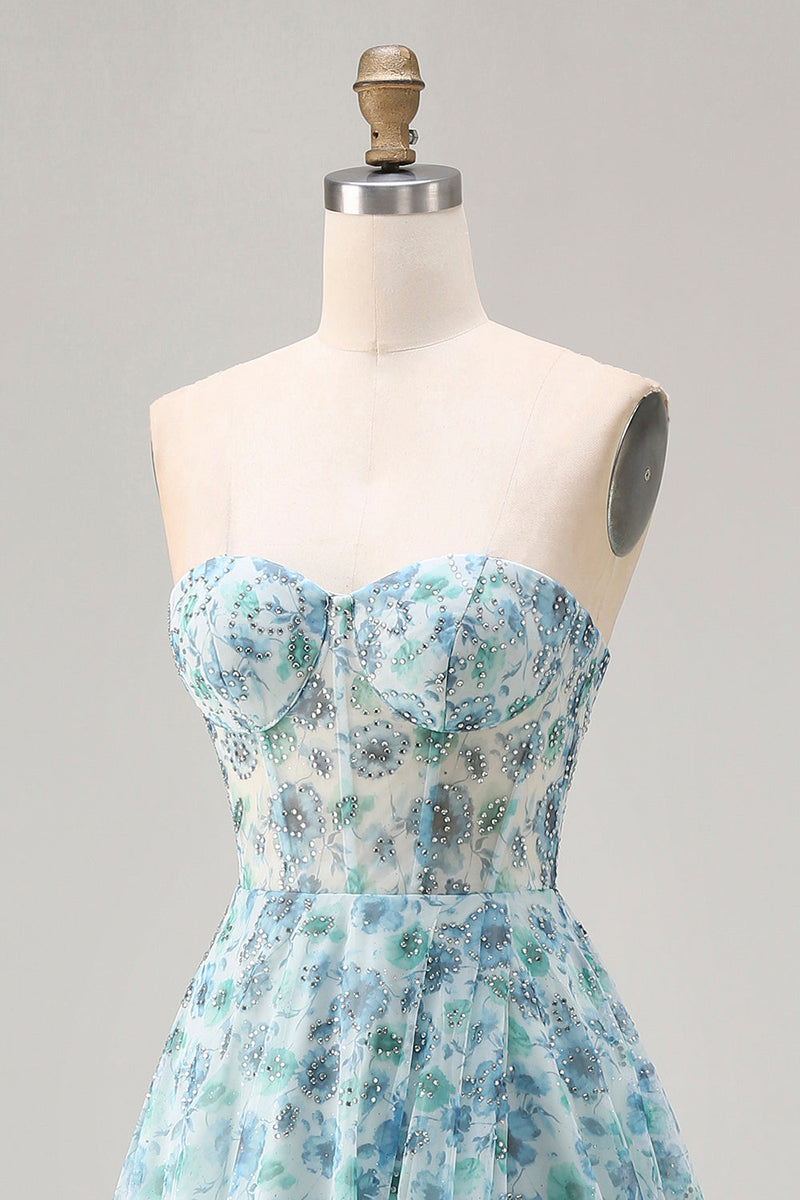 Laden Sie das Bild in den Galerie-Viewer, Trägerloses Blaues Blumenmuster A-Linie Strasssteinen Wandelbares Langes Ballkleid mit Schlitz