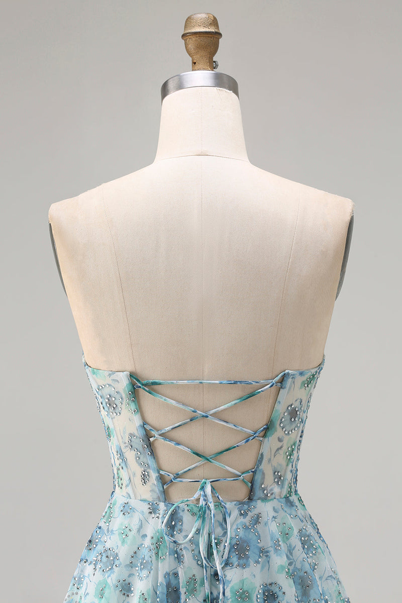 Laden Sie das Bild in den Galerie-Viewer, Trägerloses Blaues Blumenmuster A-Linie Strasssteinen Wandelbares Langes Ballkleid mit Schlitz