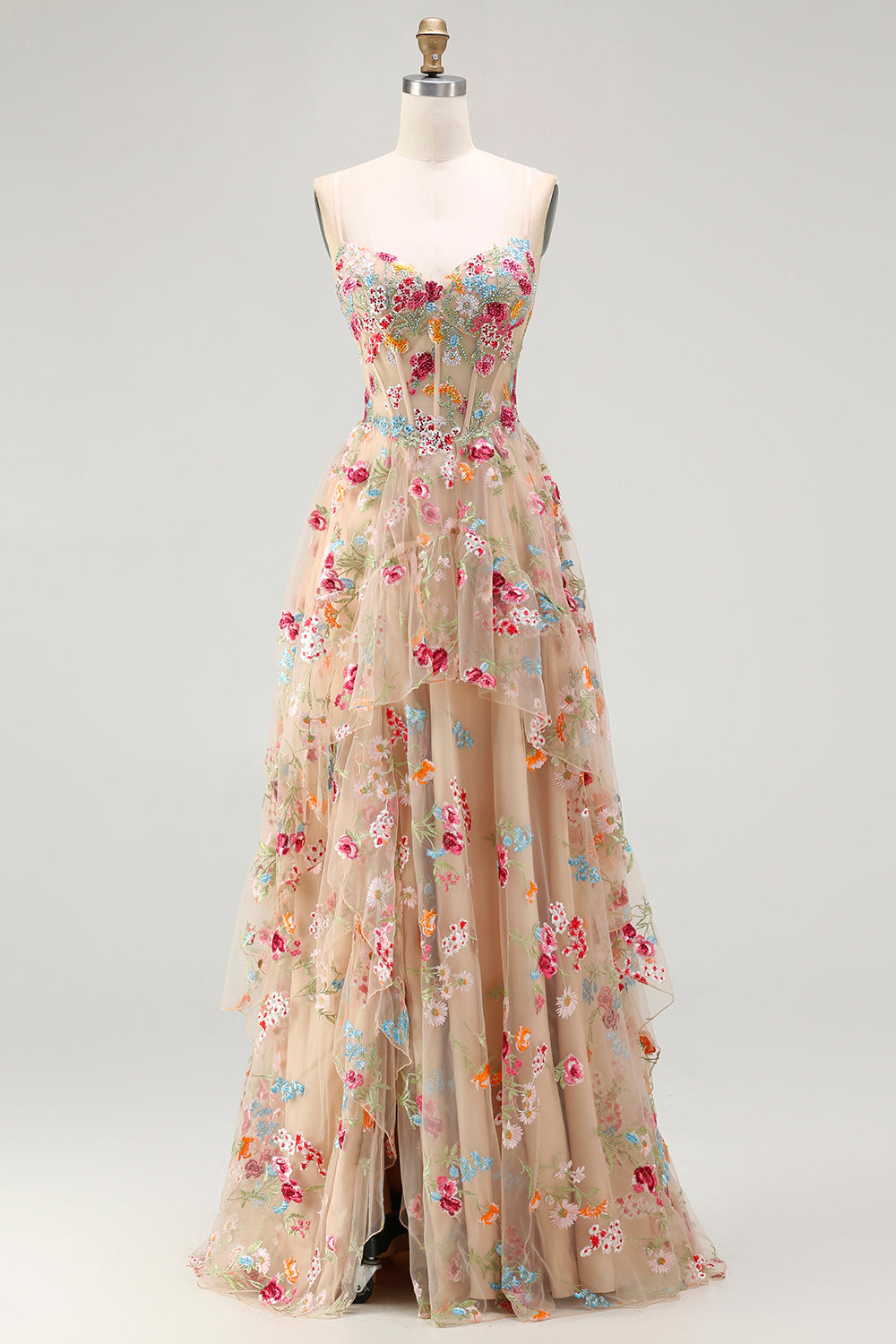 Champagner Blume A-Linie Korsett Rüschen Langes Ballkleid mit Schlitz