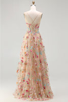 Laden Sie das Bild in den Galerie-Viewer, Champagner Blume A-Linie Korsett Rüschen Langes Ballkleid mit Schlitz