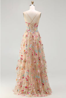 Champagner Blume A-Linie Korsett Rüschen Langes Ballkleid mit Schlitz