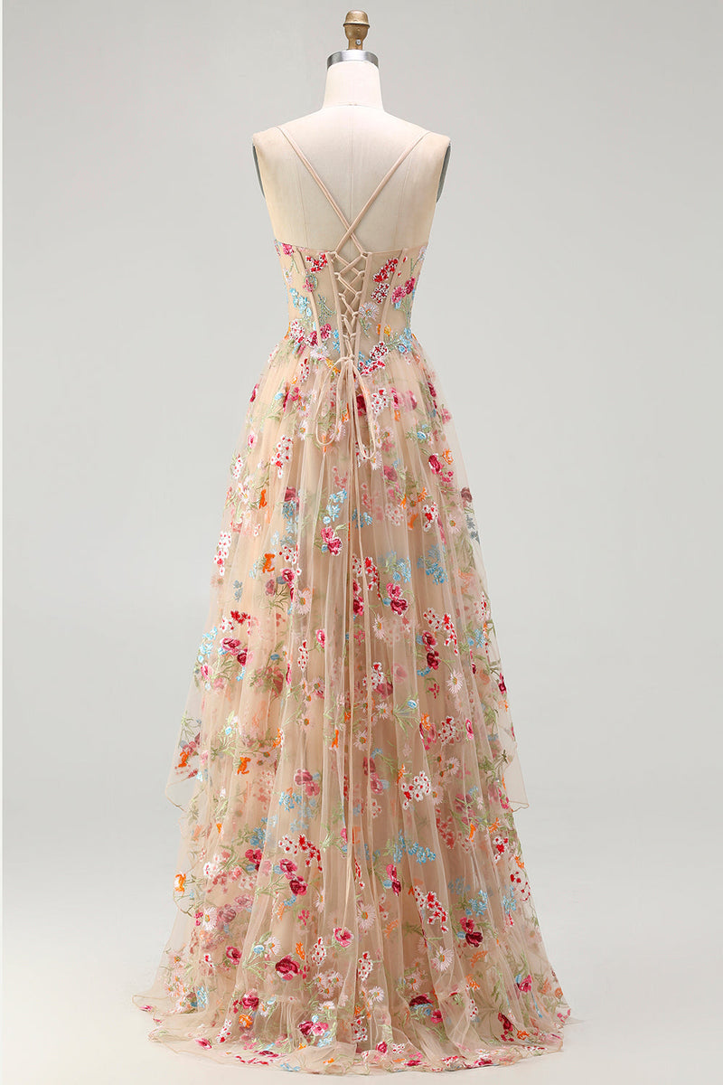 Laden Sie das Bild in den Galerie-Viewer, Champagner Blume A-Linie Korsett Rüschen Langes Ballkleid mit Schlitz