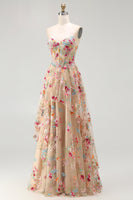 Laden Sie das Bild in den Galerie-Viewer, Champagner Blume A-Linie Korsett Rüschen Langes Ballkleid mit Schlitz