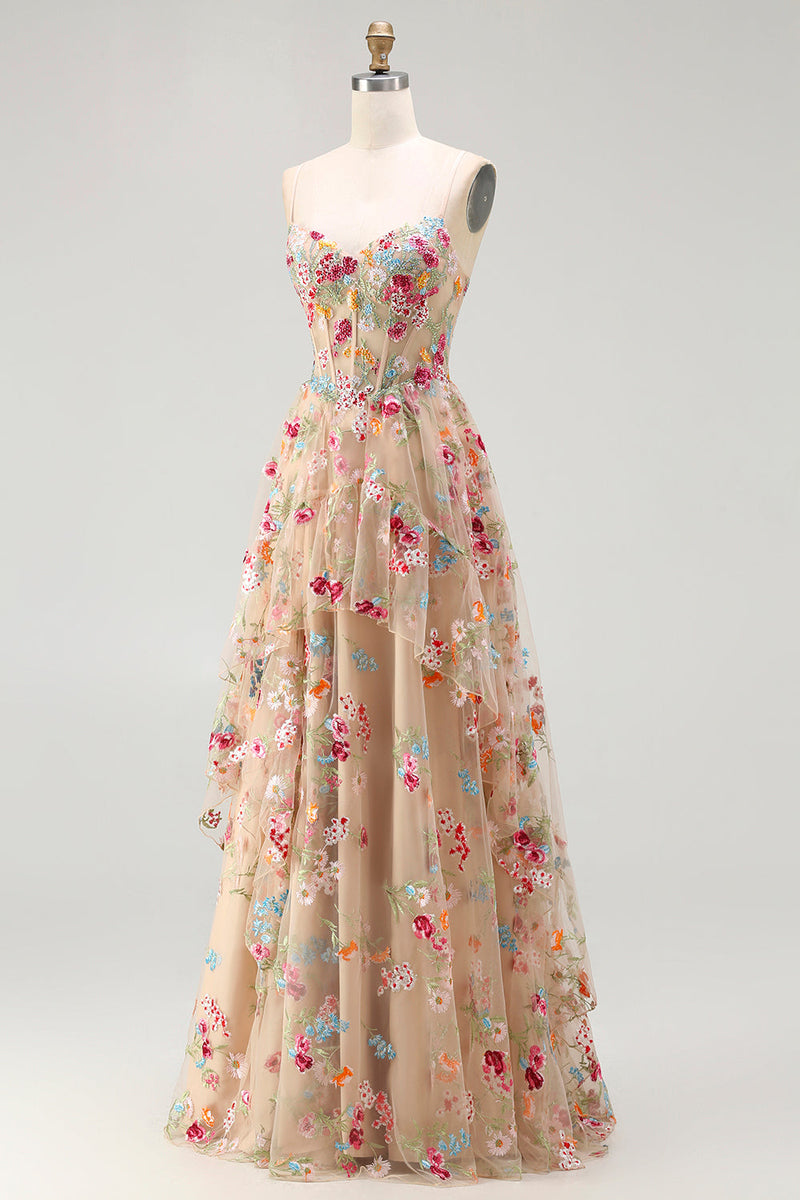 Laden Sie das Bild in den Galerie-Viewer, Champagner Blume A-Linie Korsett Rüschen Langes Ballkleid mit Schlitz