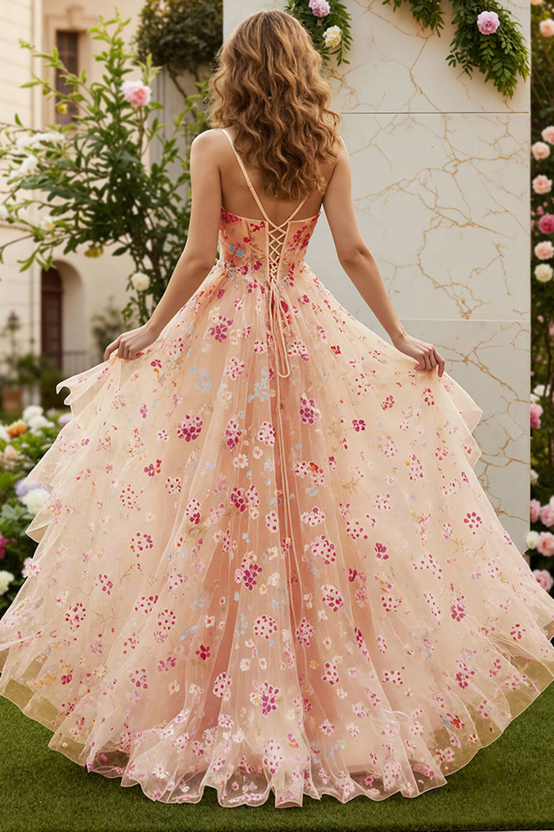 Laden Sie das Bild in den Galerie-Viewer, Champagnerblume A-Linie Rüschen Korsett Langes Ballkleid mit Schlitz