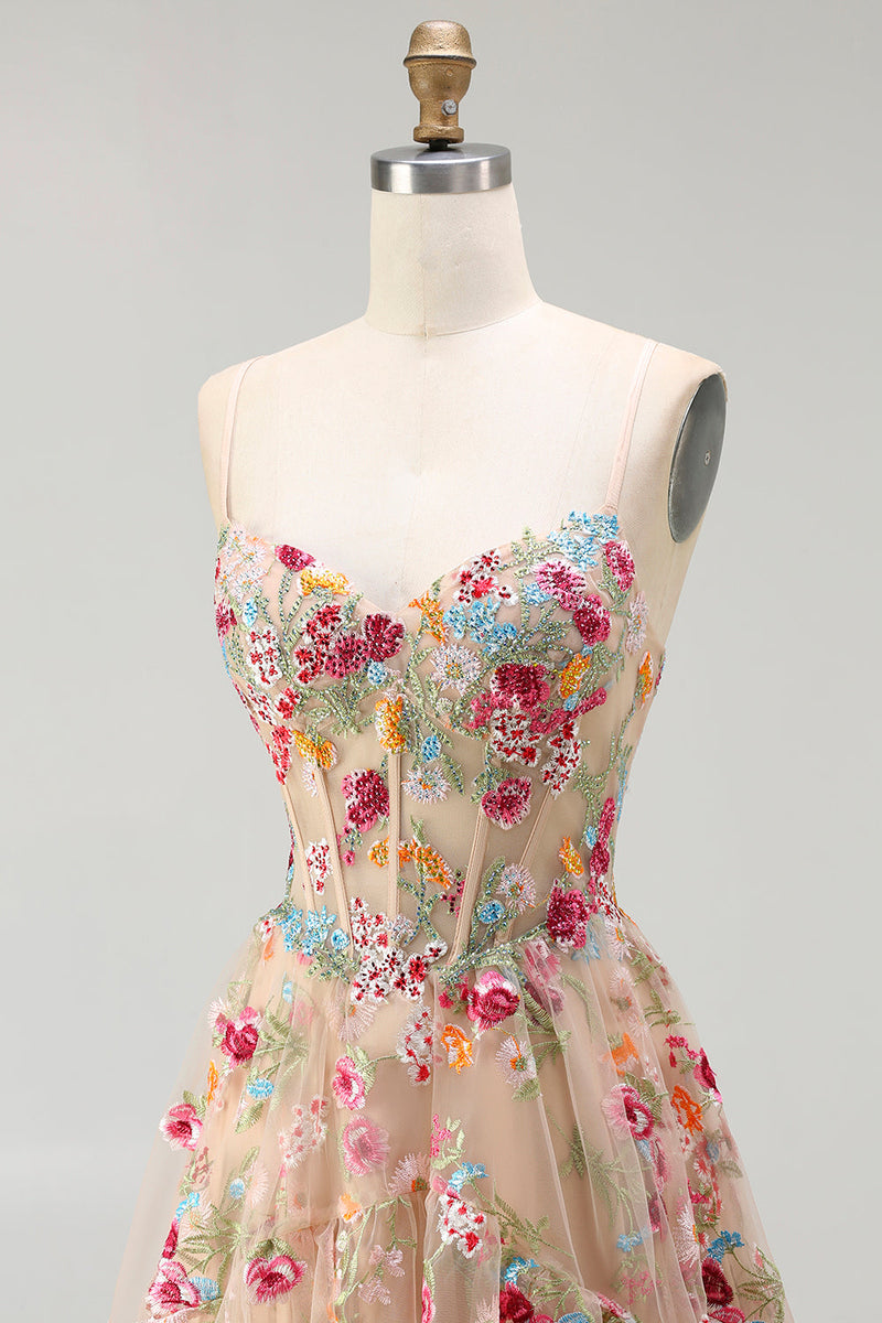 Laden Sie das Bild in den Galerie-Viewer, Champagner Blume A-Linie Korsett Rüschen Langes Ballkleid mit Schlitz