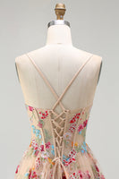 Laden Sie das Bild in den Galerie-Viewer, Champagner Blume A-Linie Korsett Rüschen Langes Ballkleid mit Schlitz