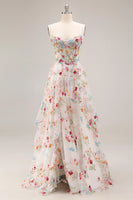 Laden Sie das Bild in den Galerie-Viewer, Champagner Blume A-Linie Korsett Rüschen Langes Ballkleid mit Schlitz