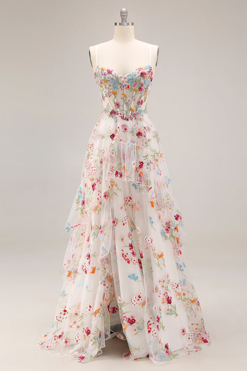 Laden Sie das Bild in den Galerie-Viewer, Champagner Blume A-Linie Korsett Rüschen Langes Ballkleid mit Schlitz