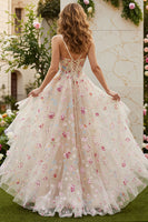 Laden Sie das Bild in den Galerie-Viewer, Elfenbein blume A-Linie Korsett Rüschen Langes Ballkleid mit Schlitz