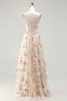 Laden Sie das Bild in den Galerie-Viewer, Champagner Blume A-Linie Korsett Rüschen Langes Ballkleid mit Schlitz