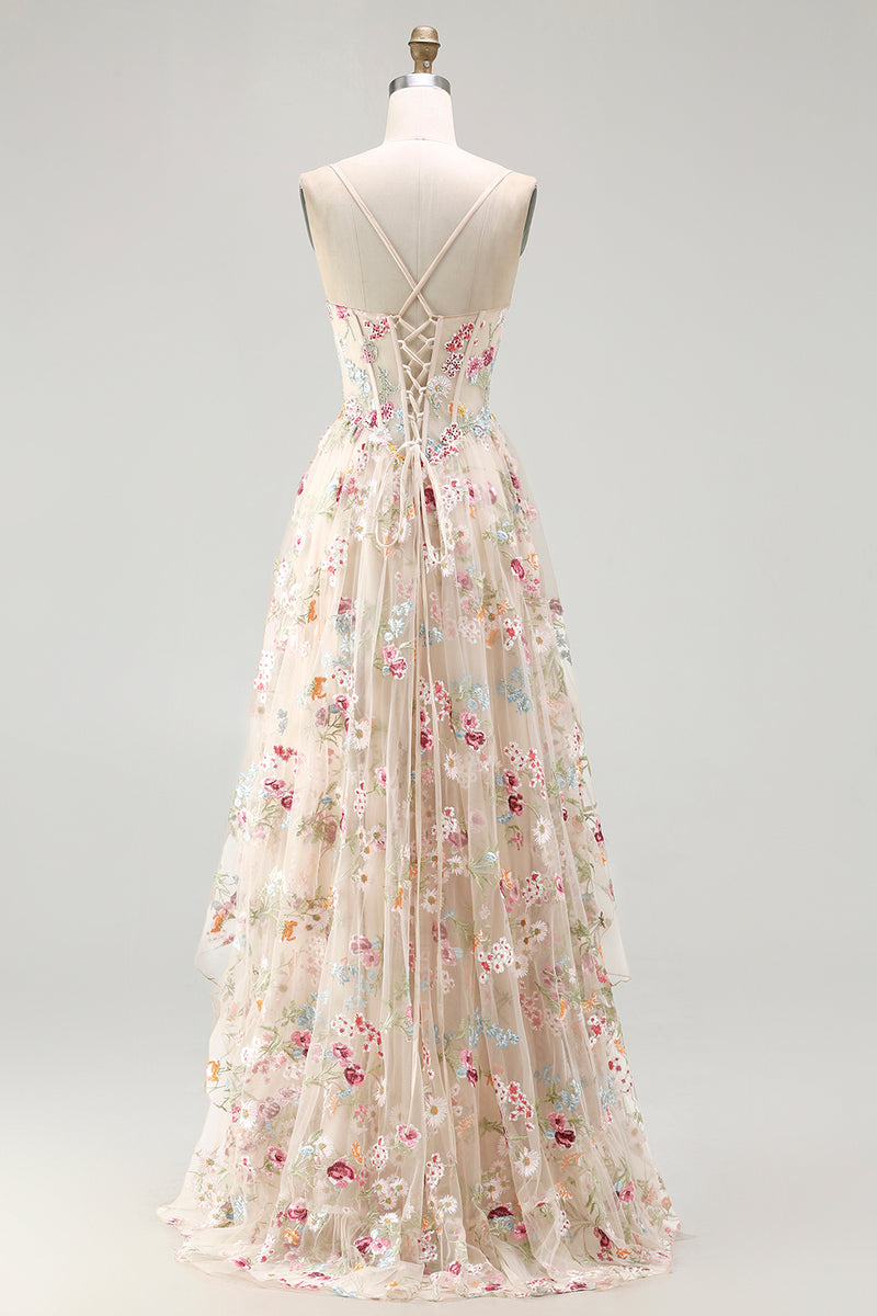 Laden Sie das Bild in den Galerie-Viewer, Champagner Blume A-Linie Korsett Rüschen Langes Ballkleid mit Schlitz