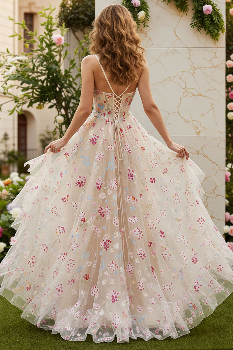 Laden Sie das Bild in den Galerie-Viewer, Champagnerblume A-Linie Rüschen Korsett Langes Ballkleid mit Schlitz