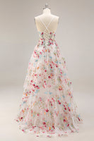 Laden Sie das Bild in den Galerie-Viewer, Champagner Blume A-Linie Korsett Rüschen Langes Ballkleid mit Schlitz