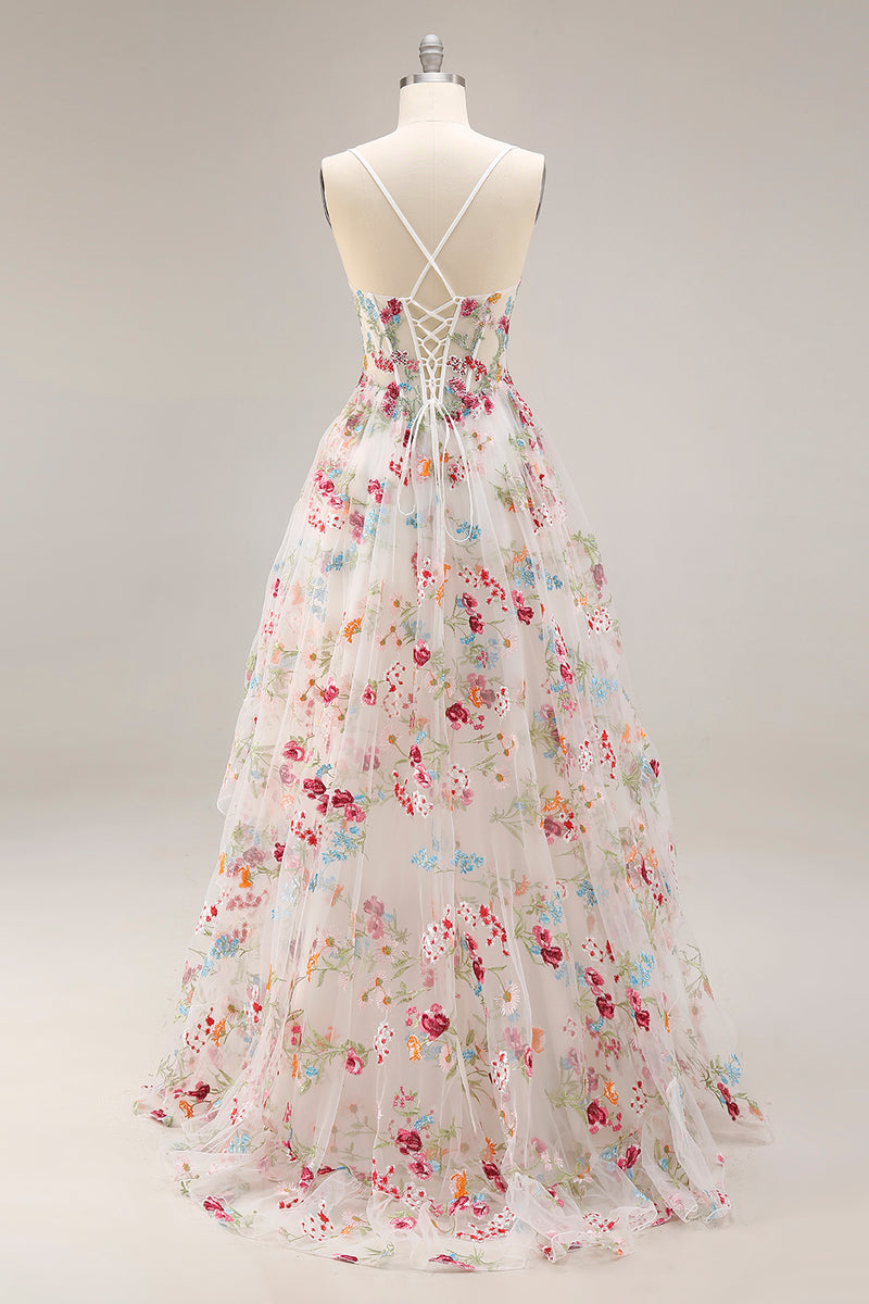 Laden Sie das Bild in den Galerie-Viewer, Champagner Blume A-Linie Korsett Rüschen Langes Ballkleid mit Schlitz