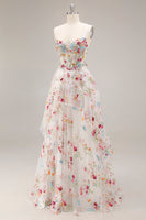 Laden Sie das Bild in den Galerie-Viewer, Champagner Blume A-Linie Korsett Rüschen Langes Ballkleid mit Schlitz