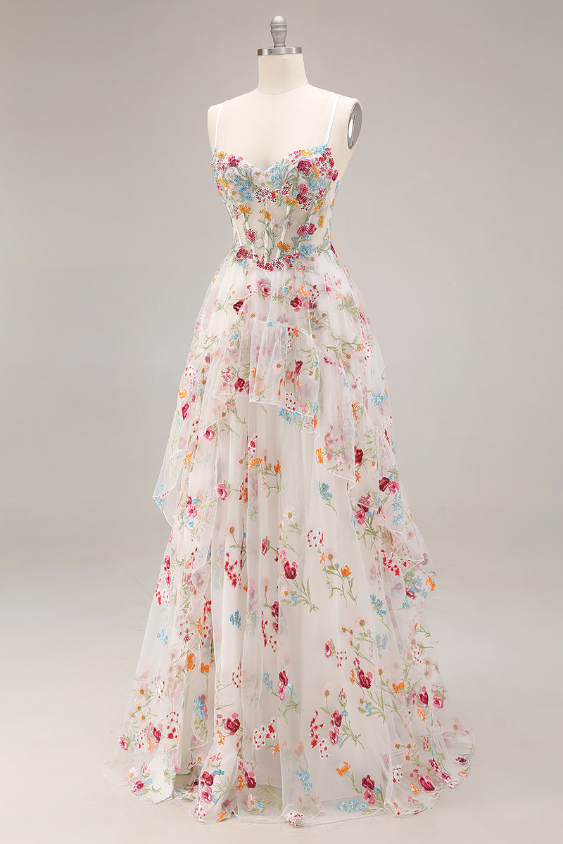 Laden Sie das Bild in den Galerie-Viewer, Champagner Blume A-Linie Korsett Rüschen Langes Ballkleid mit Schlitz