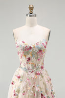 Laden Sie das Bild in den Galerie-Viewer, Champagner Blume A-Linie Korsett Rüschen Langes Ballkleid mit Schlitz