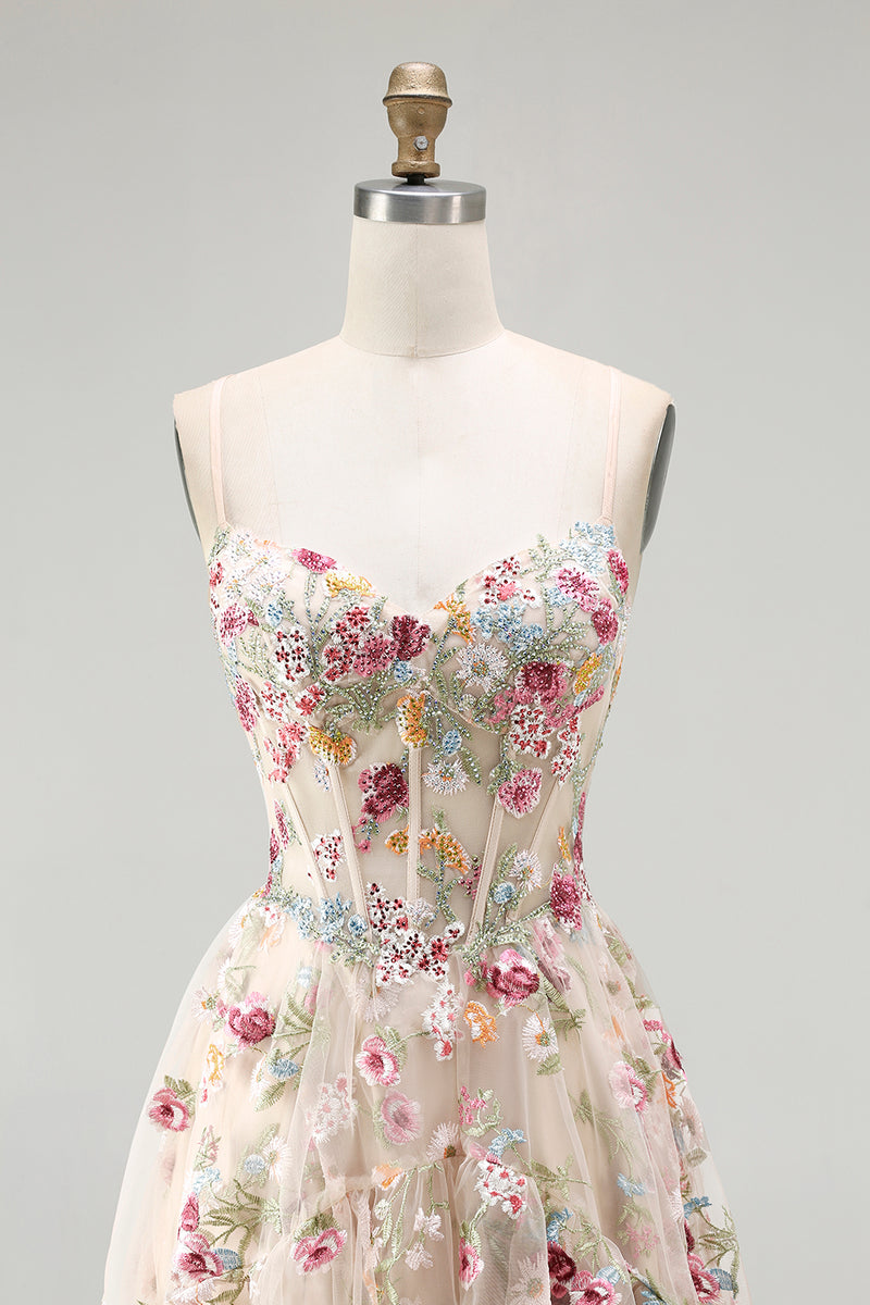 Laden Sie das Bild in den Galerie-Viewer, Champagner Blume A-Linie Korsett Rüschen Langes Ballkleid mit Schlitz