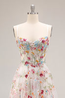 Laden Sie das Bild in den Galerie-Viewer, Champagner Blume A-Linie Korsett Rüschen Langes Ballkleid mit Schlitz