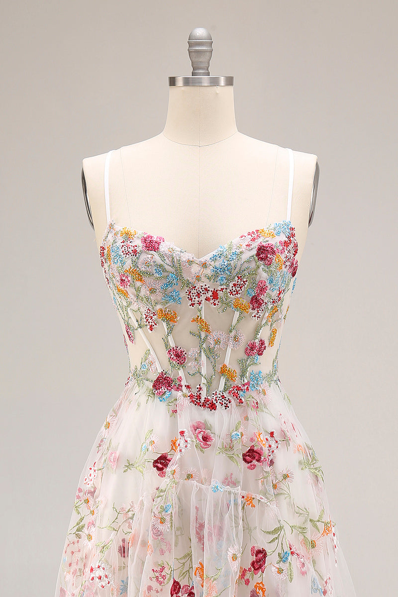Laden Sie das Bild in den Galerie-Viewer, Champagner Blume A-Linie Korsett Rüschen Langes Ballkleid mit Schlitz