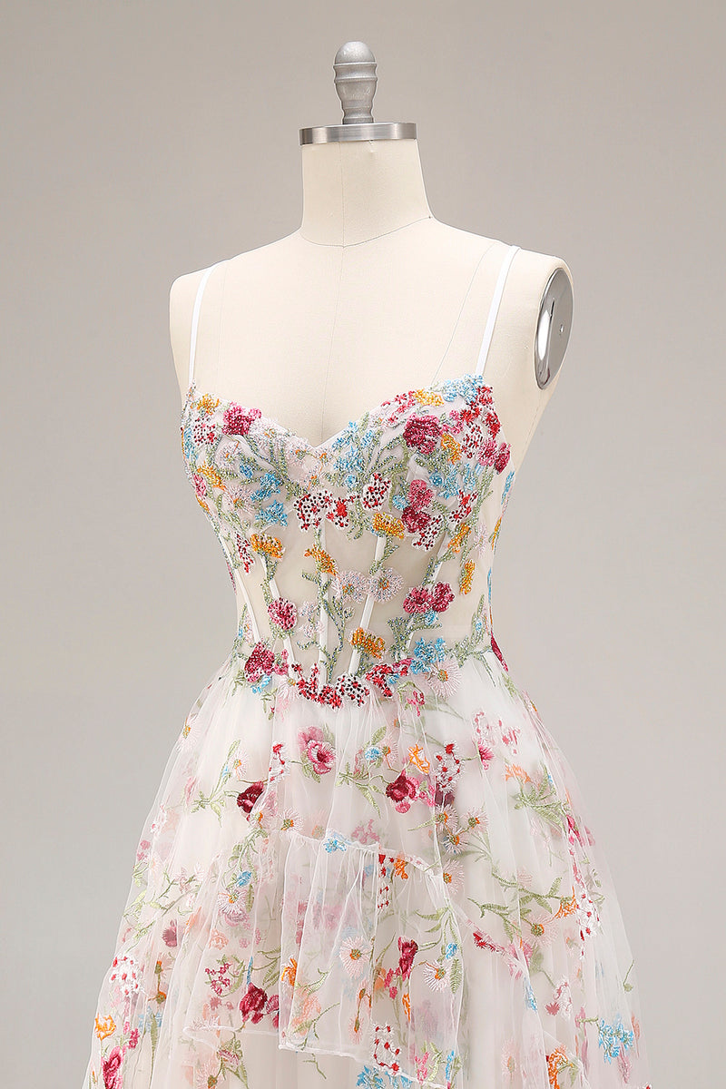 Laden Sie das Bild in den Galerie-Viewer, Champagner Blume A-Linie Korsett Rüschen Langes Ballkleid mit Schlitz