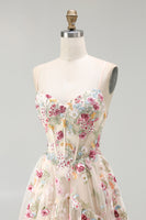 Laden Sie das Bild in den Galerie-Viewer, Champagner Blume A-Linie Korsett Rüschen Langes Ballkleid mit Schlitz