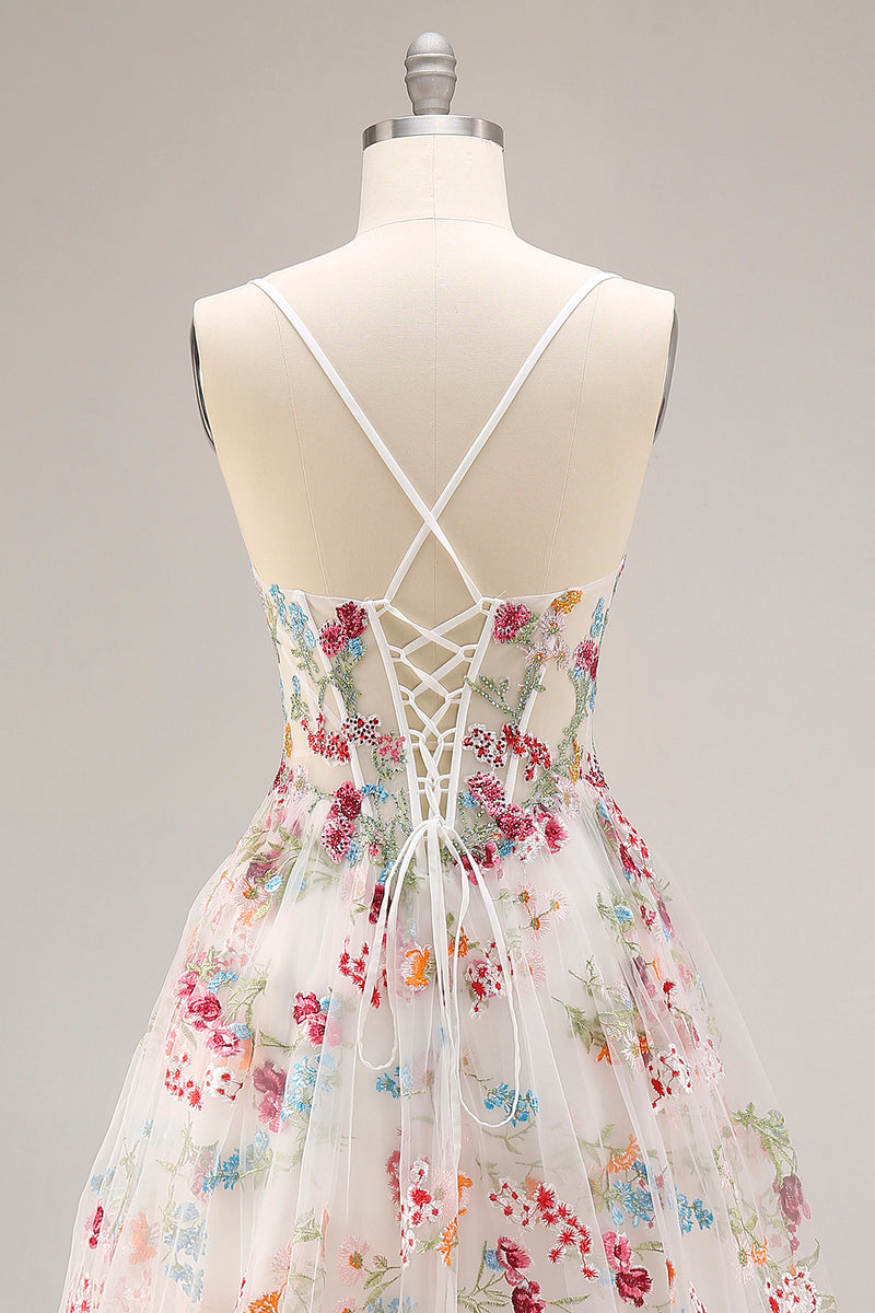 Laden Sie das Bild in den Galerie-Viewer, Champagner Blume A-Linie Korsett Rüschen Langes Ballkleid mit Schlitz