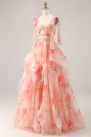 Laden Sie das Bild in den Galerie-Viewer, Sunset A-Linie Ausgeschnitten Rüschen Bedrucktes Blumen Langes Ballkleid mit Schleife