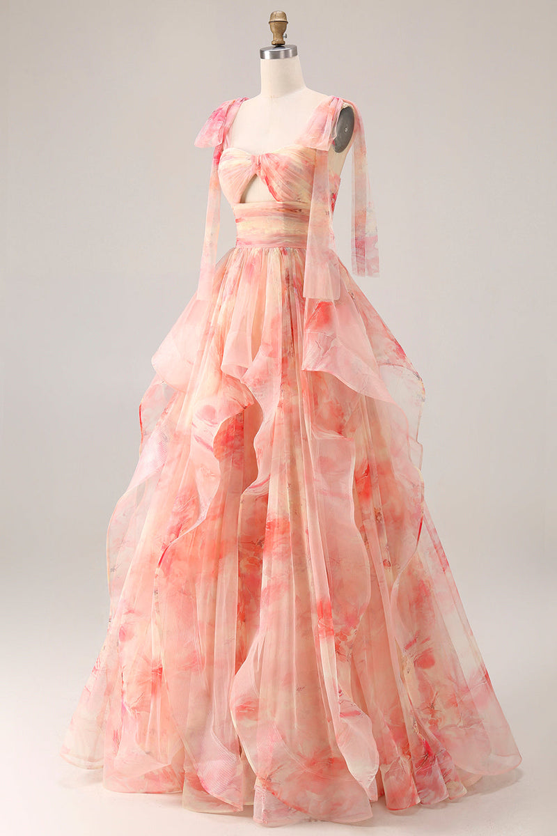 Laden Sie das Bild in den Galerie-Viewer, Sunset A-Linie Ausgeschnitten Rüschen Bedrucktes Blumen Langes Ballkleid mit Schleife