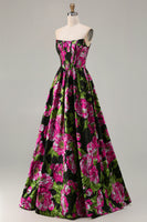 Laden Sie das Bild in den Galerie-Viewer, Trägerloses Schwarzes A-Linie Korsett Muster Geblümtes Langes Ballkleid