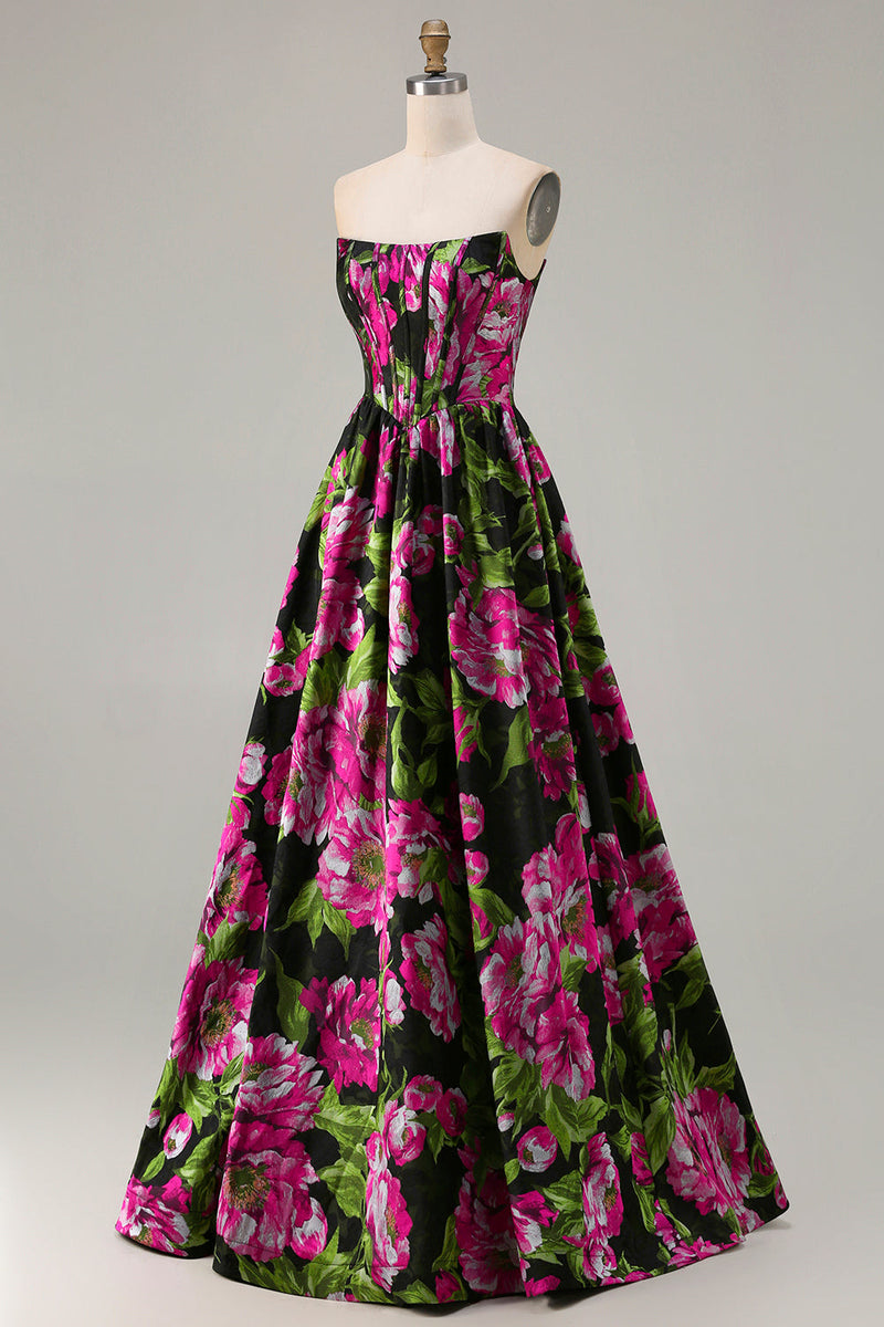 Laden Sie das Bild in den Galerie-Viewer, Trägerloses Schwarzes A-Linie Korsett Muster Geblümtes Langes Ballkleid