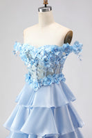 Laden Sie das Bild in den Galerie-Viewer, Hellblaues A-Linie Schulterfreies Appliquiertes Korsett Gestuftes Rüschen Langes Ballkleid