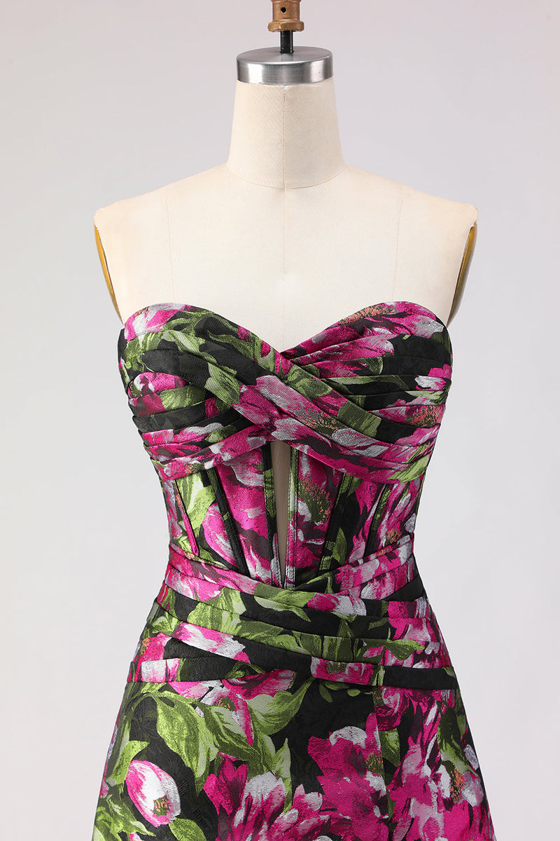 Laden Sie das Bild in den Galerie-Viewer, Schwarzes Blumenmuster A Linie Trägerloses Korsett Jacquard Langes Ballkleid mit Schlitz