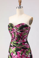 Laden Sie das Bild in den Galerie-Viewer, Schwarzes Blumenmuster A Linie Trägerloses Korsett Jacquard Langes Ballkleid mit Schlitz