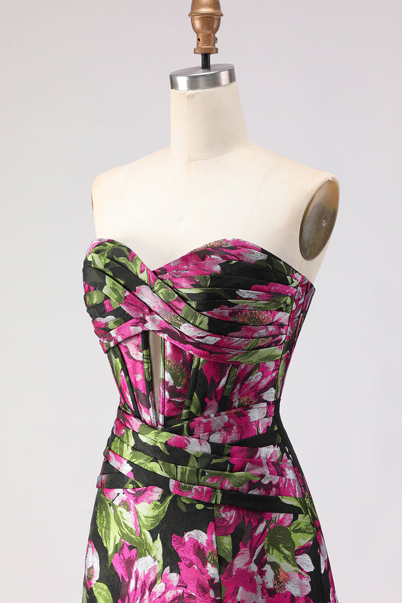 Laden Sie das Bild in den Galerie-Viewer, Schwarzes Blumenmuster A Linie Trägerloses Korsett Jacquard Langes Ballkleid mit Schlitz