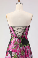 Laden Sie das Bild in den Galerie-Viewer, Schwarzes Blumenmuster A Linie Trägerloses Korsett Jacquard Langes Ballkleid mit Schlitz