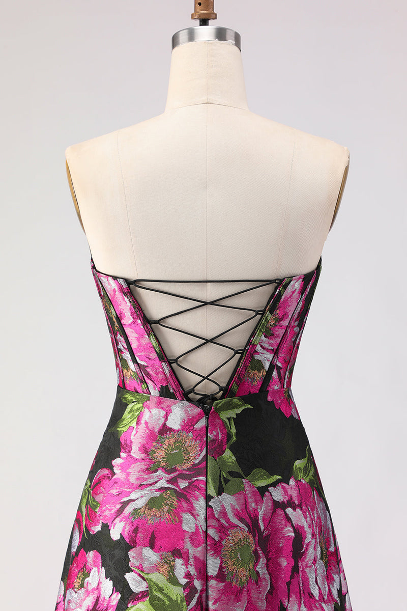 Laden Sie das Bild in den Galerie-Viewer, Schwarzes Blumenmuster A Linie Trägerloses Korsett Jacquard Langes Ballkleid mit Schlitz