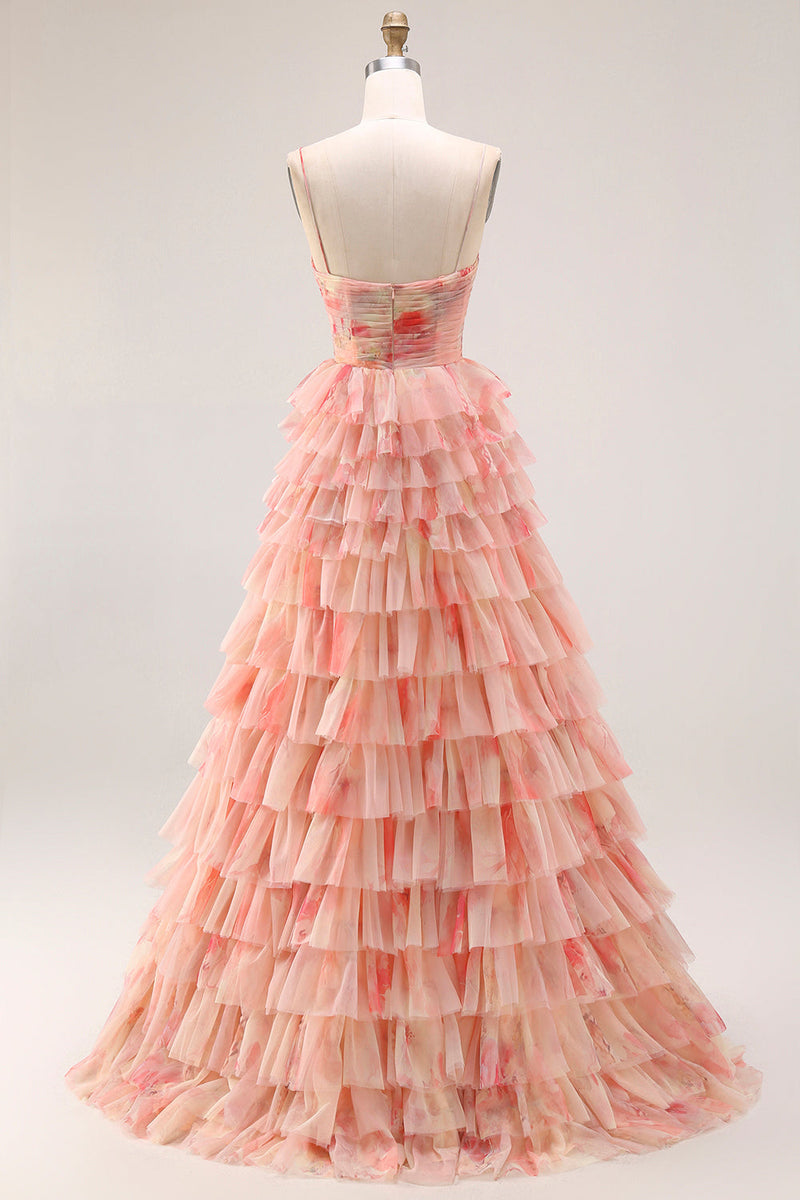 Laden Sie das Bild in den Galerie-Viewer, A-Linie Geblümtes Gestuftes Schleifen Sunset Langes Ballkleid mit Schlitz