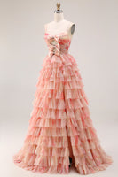 Laden Sie das Bild in den Galerie-Viewer, A-Linie Geblümtes Gestuftes Schleifen Sunset Langes Ballkleid mit Schlitz