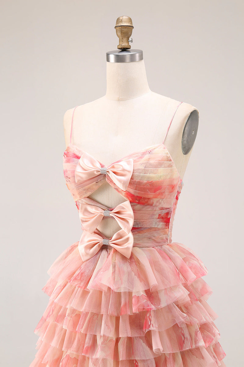 Laden Sie das Bild in den Galerie-Viewer, A-Linie Geblümtes Gestuftes Schleifen Sunset Langes Ballkleid mit Schlitz