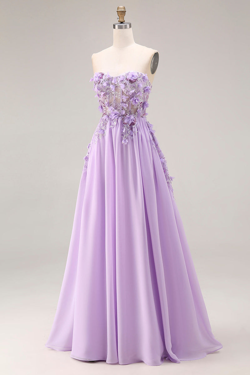 Laden Sie das Bild in den Galerie-Viewer, Lila Appliquiertes Trägerloses A-Linie Korsett Langes Abschlussballkleid