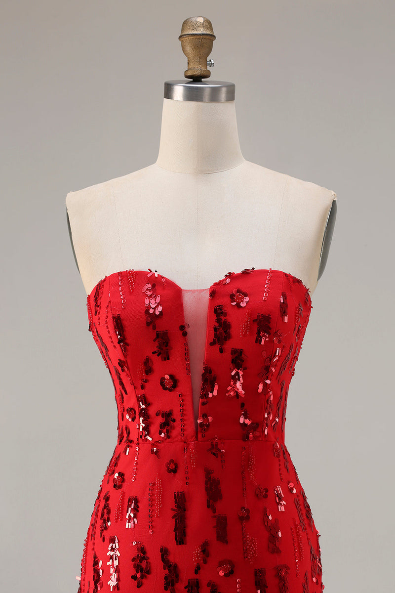 Laden Sie das Bild in den Galerie-Viewer, Glitzerndes rotes, trägerloses, Paillettenlanges Abschlussballkleid mit Schlitz