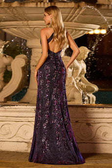 Glitzerndes Halter Traube Meerjungfrauen Rückenfreiess Pailletten Langes Ballkleid mit Schlitz