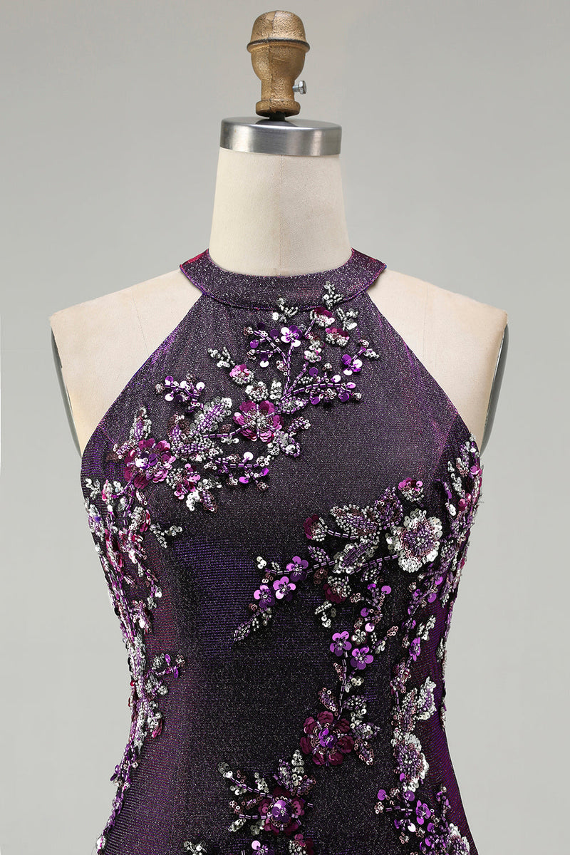 Laden Sie das Bild in den Galerie-Viewer, Glitzerndes Marineblaues Pailletten Halter Meerjungfrauen Applikationen Langes Ballkleid mit Schlitz