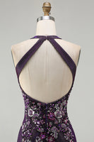 Laden Sie das Bild in den Galerie-Viewer, Glitzerndes Marineblaues Pailletten Halter Meerjungfrauen Applikationen Langes Ballkleid mit Schlitz