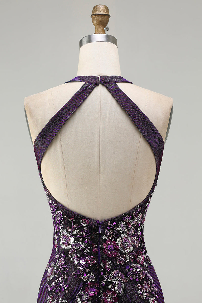 Laden Sie das Bild in den Galerie-Viewer, Glitzerndes Marineblaues Pailletten Halter Meerjungfrauen Applikationen Langes Ballkleid mit Schlitz