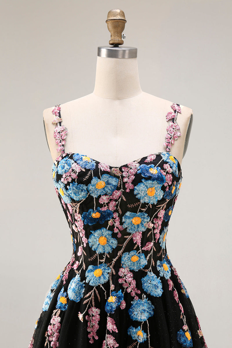 Laden Sie das Bild in den Galerie-Viewer, Glitzerndes Schwarzes A-Linie Tüll Pailletten Langes Ballkleid mit Schlitz