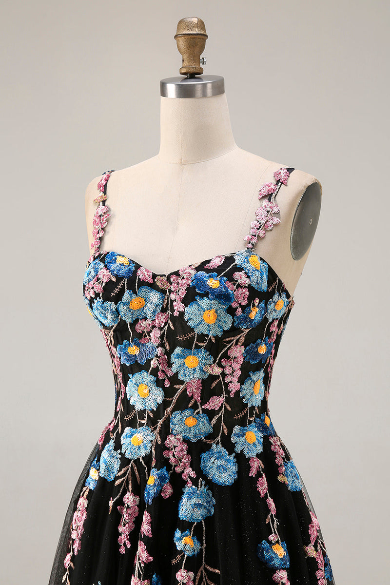 Laden Sie das Bild in den Galerie-Viewer, Glitzerndes Schwarzes A-Linie Tüll Pailletten Langes Ballkleid mit Schlitz