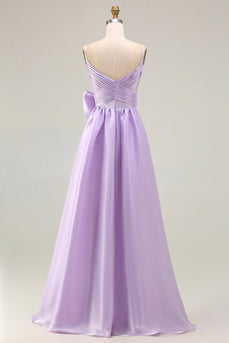Flieder A-Linie Spaghetti-Träger mit Falten Satin Langes Ballkleid mit Schleife